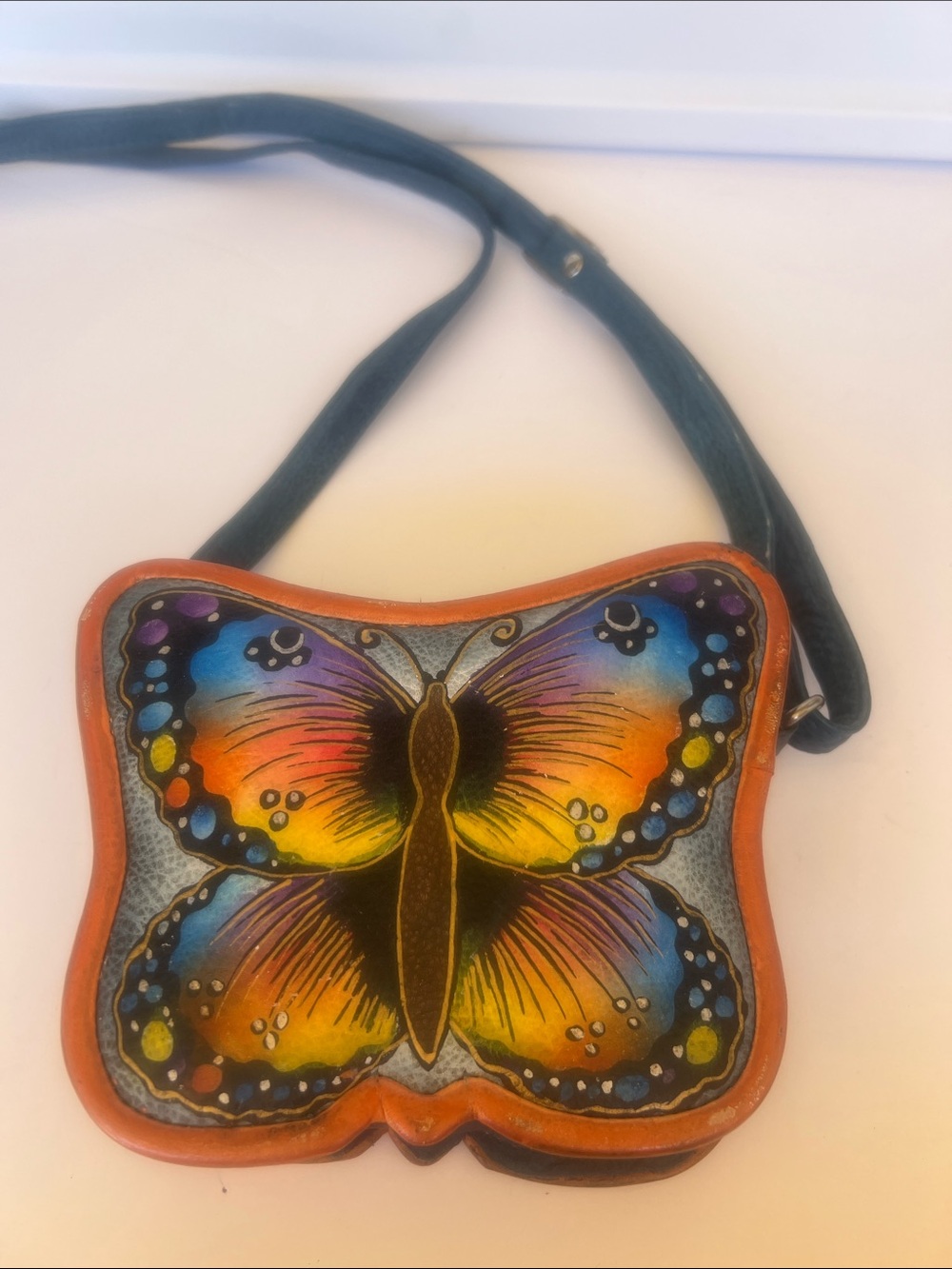 Biacci Hand Panted Butterfly Blue Leather Crossbody Bag Handbag Purse